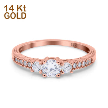 14K Rose Gold Round Three Stone Bridal Wedding Engagement Ring Simulated CZ Size-7